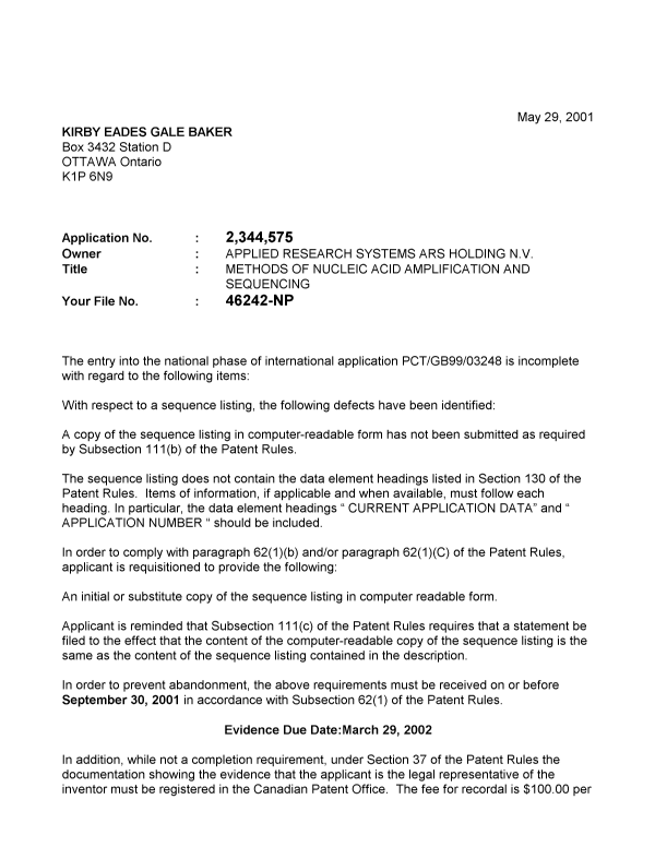 Document de brevet canadien 2344575. Correspondance 20010525. Image 1 de 2