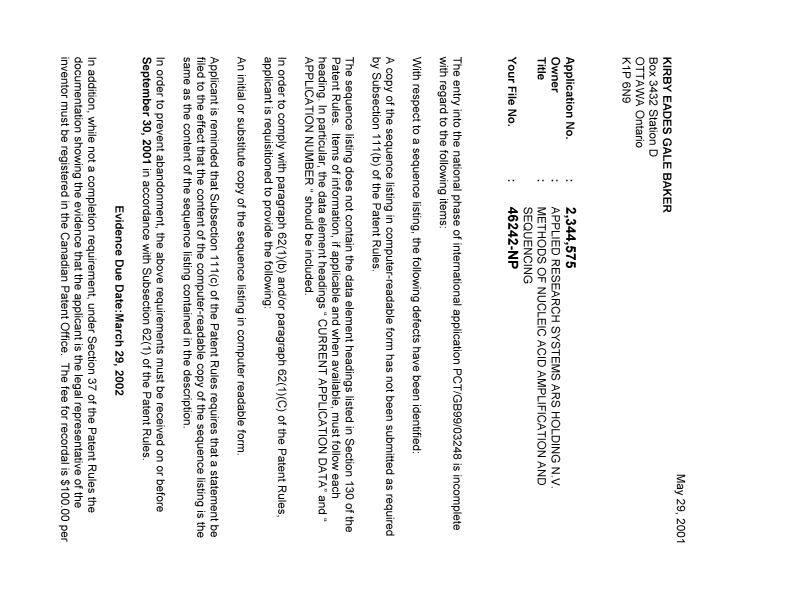 Document de brevet canadien 2344575. Correspondance 20010525. Image 1 de 2