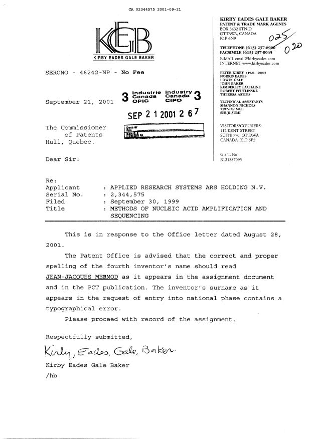 Canadian Patent Document 2344575. Correspondence 20010921. Image 1 of 1
