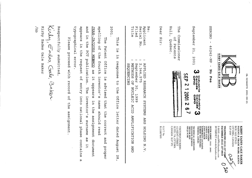 Document de brevet canadien 2344575. Correspondance 20010921. Image 1 de 1