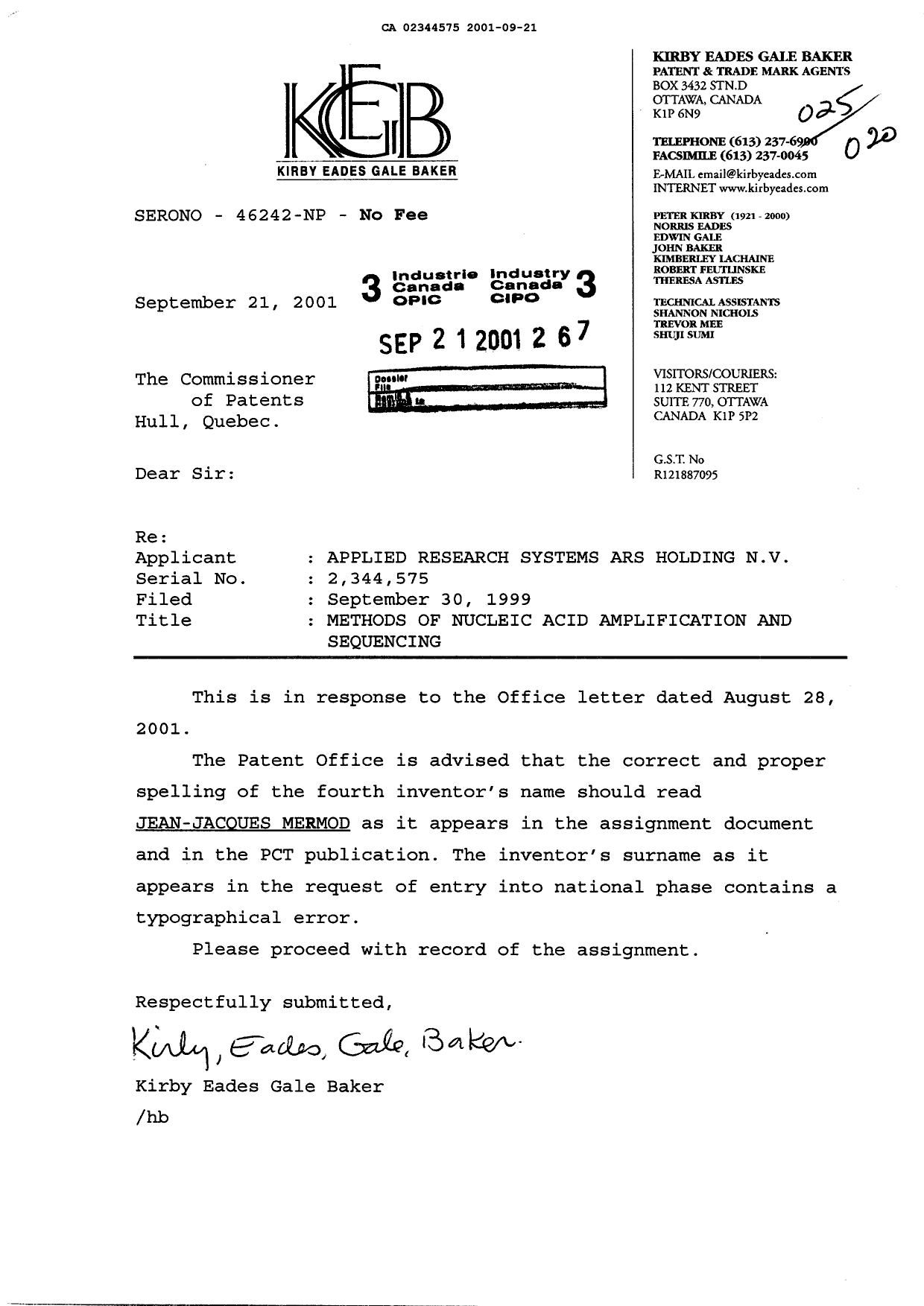 Document de brevet canadien 2344575. Correspondance 20010921. Image 1 de 1