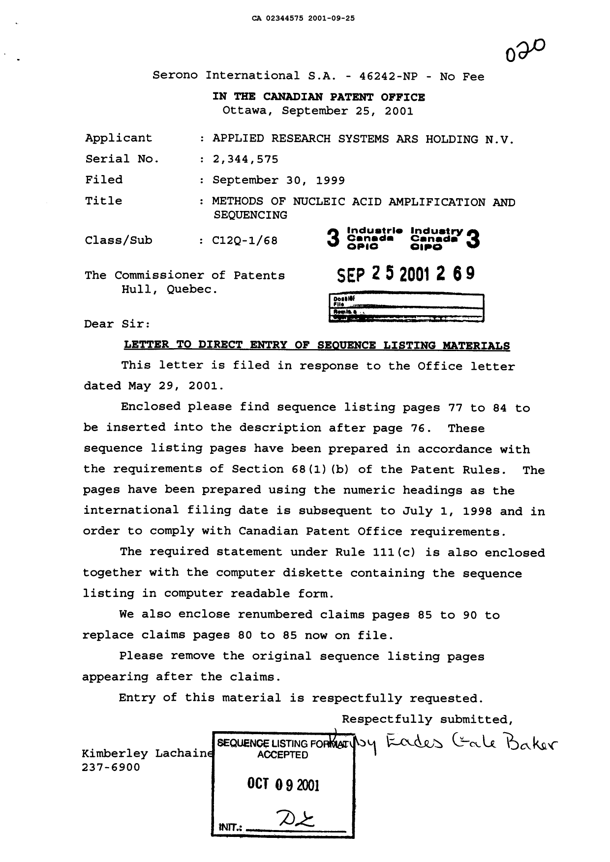 Document de brevet canadien 2344575. Correspondance 20010925. Image 1 de 16