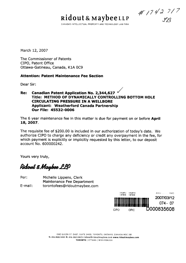 Canadian Patent Document 2344627. Fees 20070312. Image 1 of 1