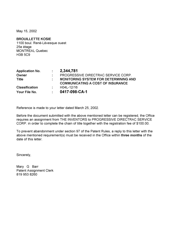 Canadian Patent Document 2344781. Correspondence 20011215. Image 1 of 1