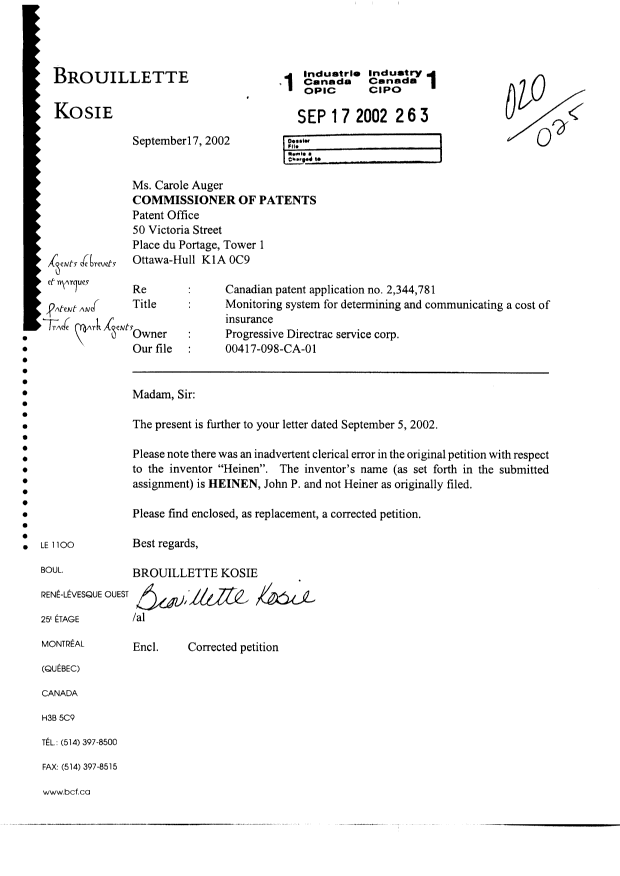 Canadian Patent Document 2344781. Correspondence 20011217. Image 1 of 3