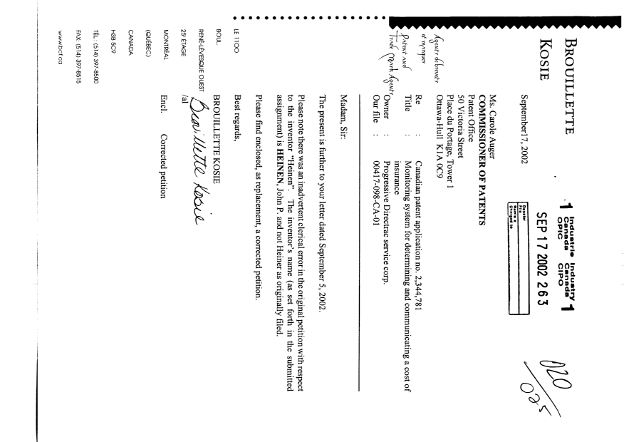 Document de brevet canadien 2344781. Correspondance 20011217. Image 1 de 3