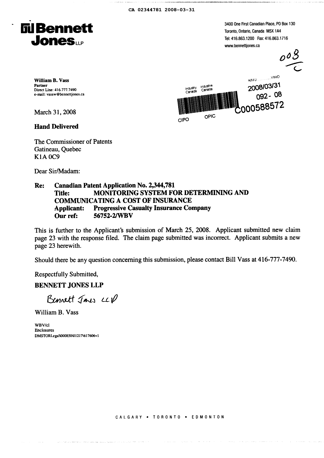Canadian Patent Document 2344781. Prosecution-Amendment 20080331. Image 1 of 2