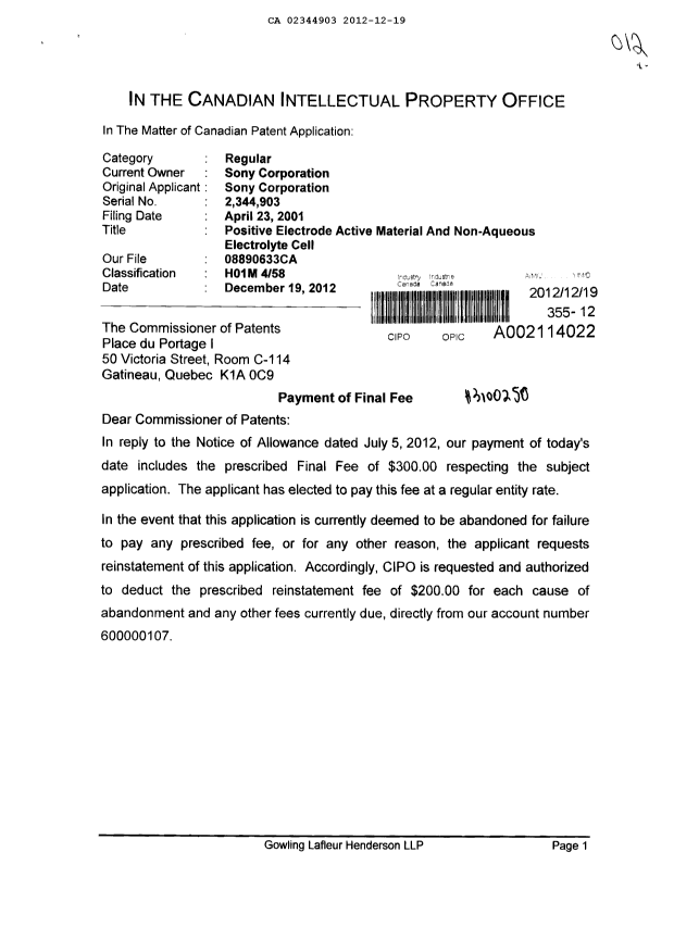 Document de brevet canadien 2344903. Correspondance 20121219. Image 1 de 2