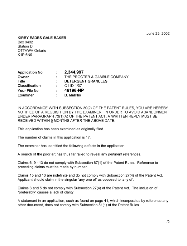 Canadian Patent Document 2344997. Prosecution-Amendment 20011225. Image 1 of 2