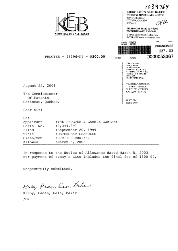 Canadian Patent Document 2344997. Correspondence 20021222. Image 1 of 1