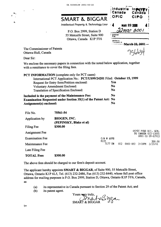 Document de brevet canadien 2345138. Cession 20010322. Image 1 de 3