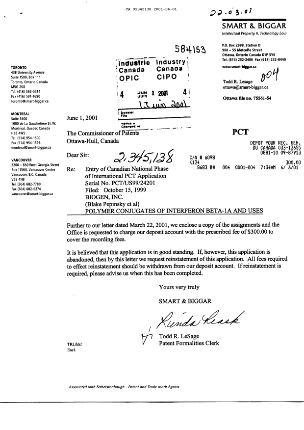 Document de brevet canadien 2345138. Cession 20010601. Image 1 de 4
