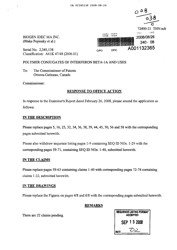 Canadian Patent Document 2345138. Prosecution-Amendment 20080826. Image 1 of 39
