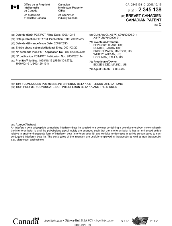 Document de brevet canadien 2345138. Page couverture 20091118. Image 1 de 1