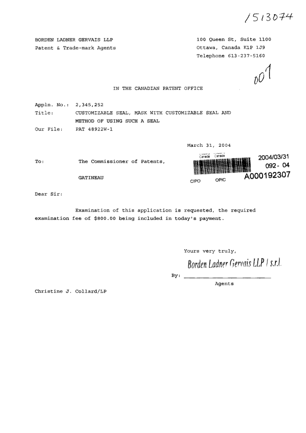 Canadian Patent Document 2345252. Prosecution-Amendment 20031231. Image 1 of 1