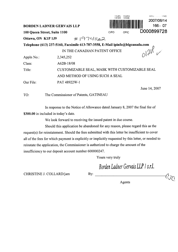 Canadian Patent Document 2345252. Correspondence 20061214. Image 1 of 1