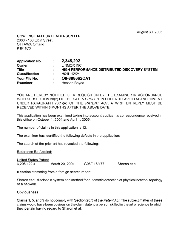 Document de brevet canadien 2345292. Poursuite-Amendment 20050830. Image 1 de 2