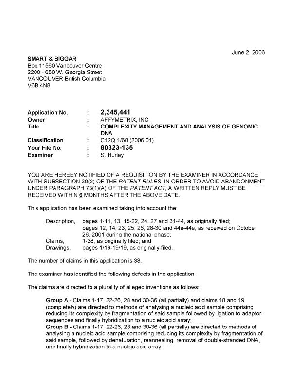 Canadian Patent Document 2345441. Prosecution-Amendment 20060602. Image 1 of 7