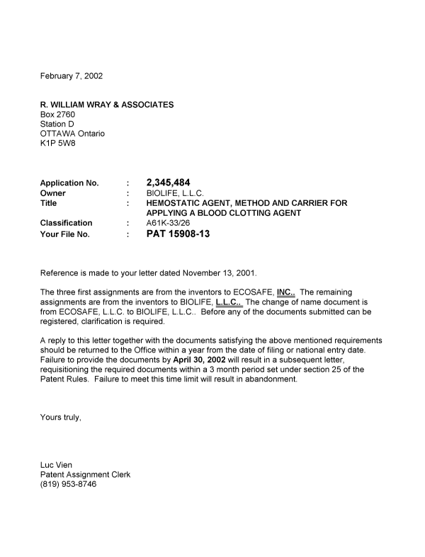 Document de brevet canadien 2345484. Correspondance 20020207. Image 1 de 1
