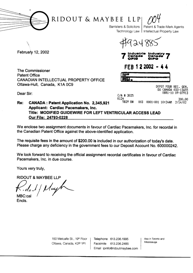 Document de brevet canadien 2345921. Cession 20020212. Image 1 de 7