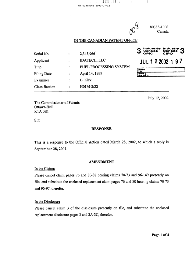 Canadian Patent Document 2345966. Prosecution-Amendment 20020712. Image 1 of 10