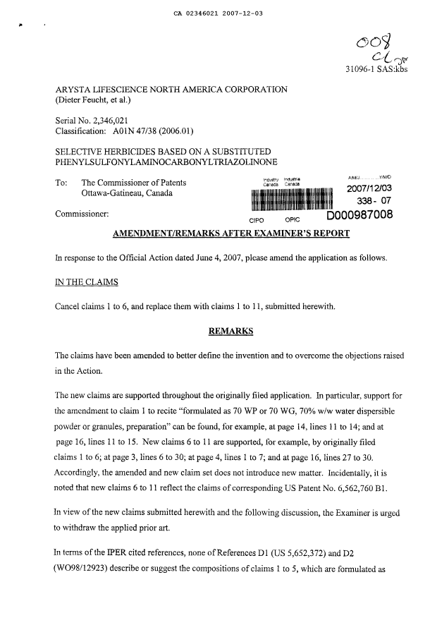 Canadian Patent Document 2346021. Prosecution-Amendment 20061203. Image 1 of 4