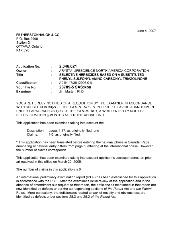 Canadian Patent Document 2346021. Prosecution-Amendment 20061204. Image 1 of 2