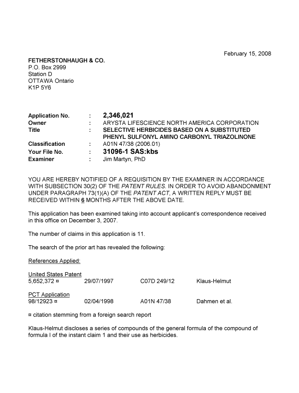 Canadian Patent Document 2346021. Prosecution-Amendment 20071215. Image 1 of 2
