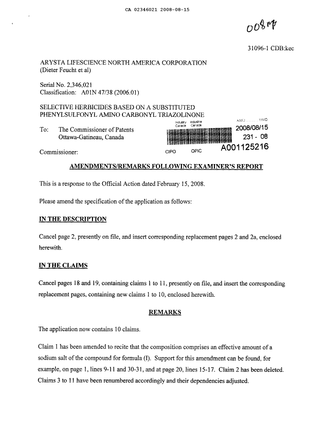 Canadian Patent Document 2346021. Prosecution-Amendment 20071215. Image 1 of 8
