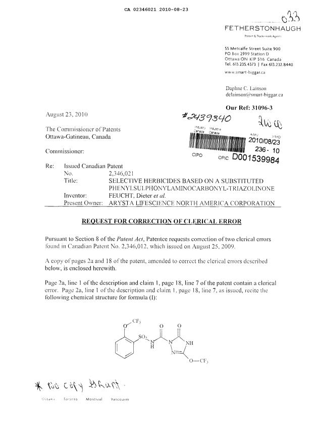 Canadian Patent Document 2346021. Correspondence 20091223. Image 1 of 5