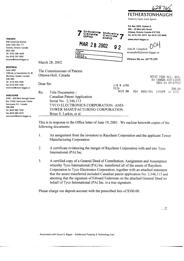 Document de brevet canadien 2346113. Cession 20020328. Image 1 de 15
