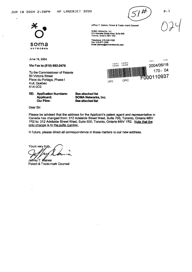 Document de brevet canadien 2346214. Correspondance 20040618. Image 1 de 4
