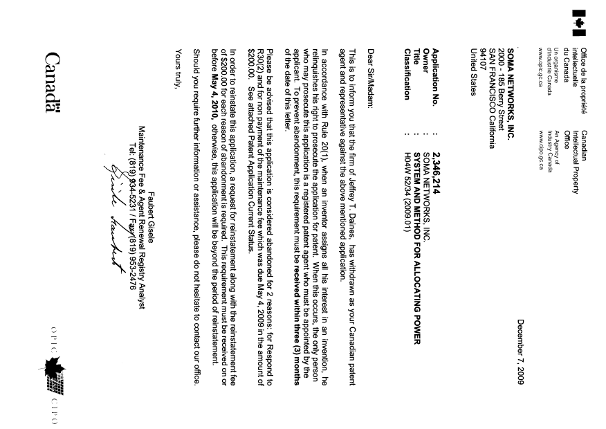 Canadian Patent Document 2346214. Correspondence 20100204. Image 1 of 4