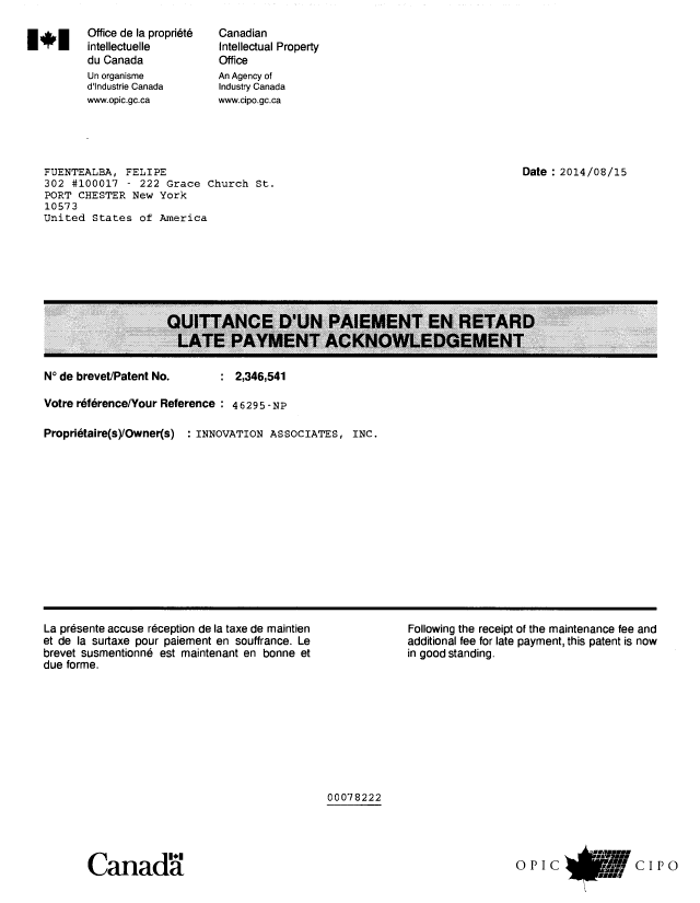 Document de brevet canadien 2346541. Courrier retourné 20140916. Image 1 de 2