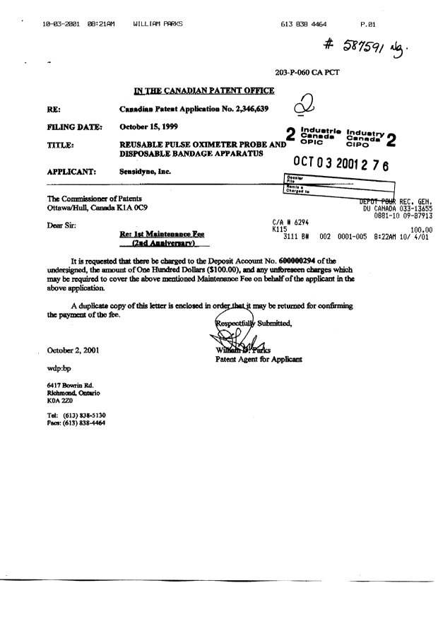 Canadian Patent Document 2346639. Fees 20011003. Image 1 of 1