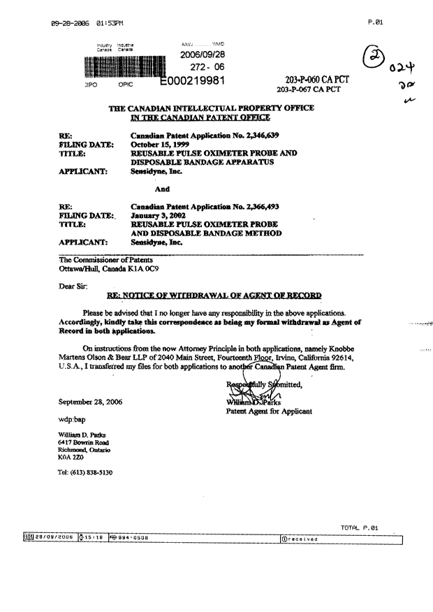 Document de brevet canadien 2346639. Correspondance 20060928. Image 1 de 1