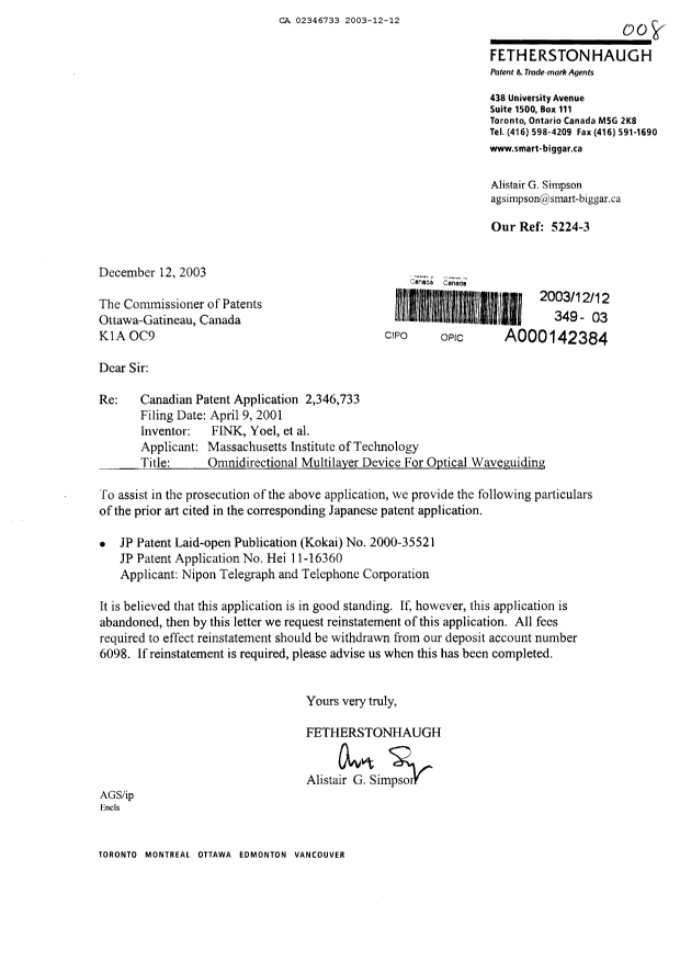 Document de brevet canadien 2346733. Poursuite-Amendment 20031212. Image 1 de 1