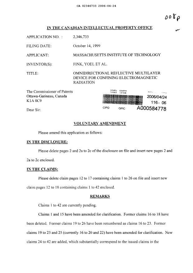 Document de brevet canadien 2346733. Poursuite-Amendment 20060424. Image 1 de 13