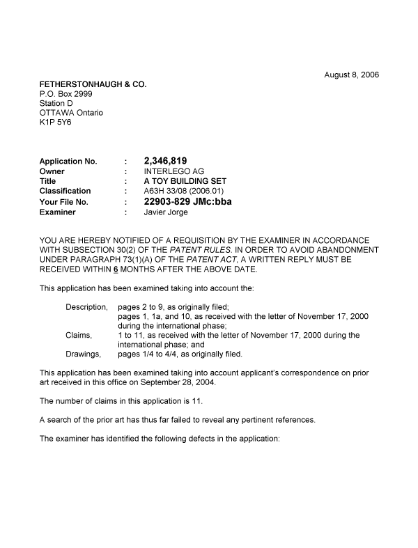 Canadian Patent Document 2346819. Prosecution-Amendment 20060808. Image 1 of 2