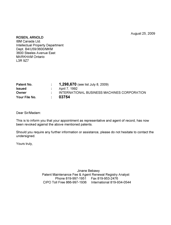 Document de brevet canadien 2346991. Correspondance 20090825. Image 1 de 1