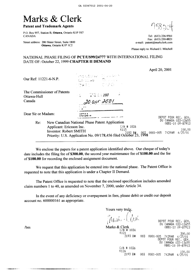 Document de brevet canadien 2347012. Cession 20010420. Image 1 de 9