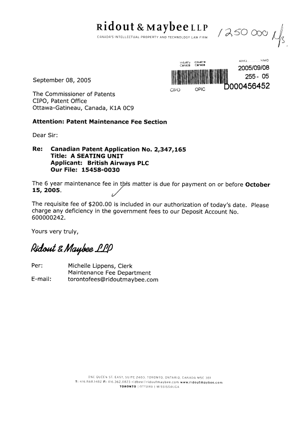 Canadian Patent Document 2347165. Fees 20050908. Image 1 of 1