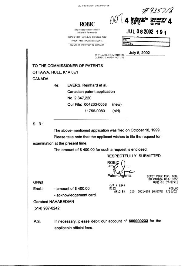 Document de brevet canadien 2347220. Poursuite-Amendment 20020708. Image 1 de 1
