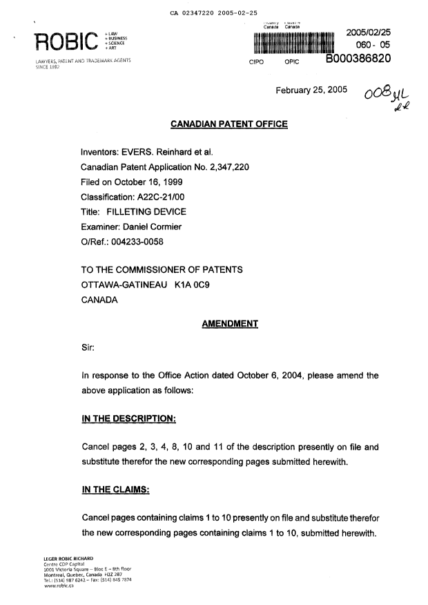 Document de brevet canadien 2347220. Poursuite-Amendment 20050225. Image 1 de 15