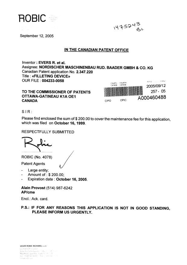 Document de brevet canadien 2347220. Taxes 20050912. Image 1 de 1