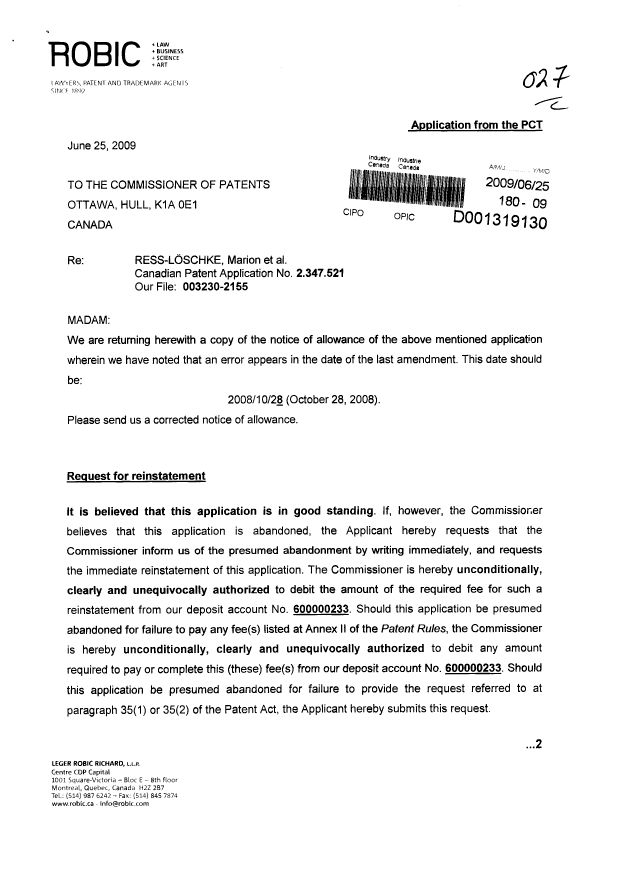 Canadian Patent Document 2347521. Prosecution-Amendment 20090625. Image 1 of 3