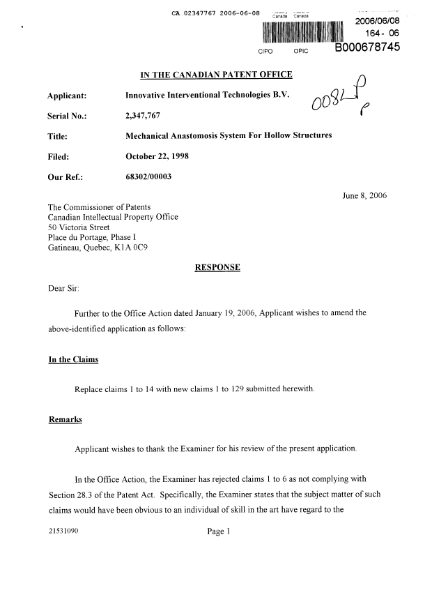 Canadian Patent Document 2347767. Prosecution-Amendment 20060608. Image 1 of 34