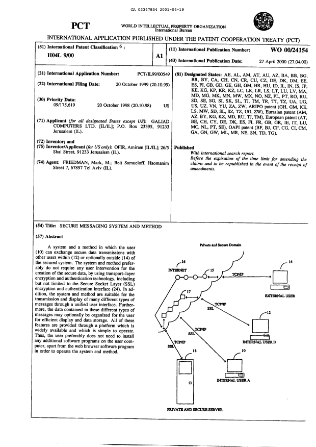 Canadian Patent Document 2347834. Abstract 20001219. Image 1 of 1