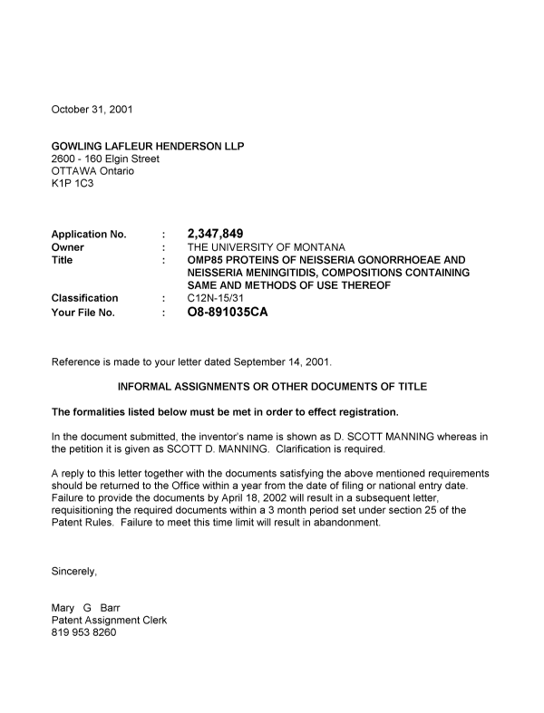 Document de brevet canadien 2347849. Correspondance 20011031. Image 1 de 1