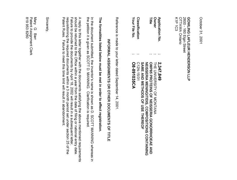 Canadian Patent Document 2347849. Correspondence 20011031. Image 1 of 1